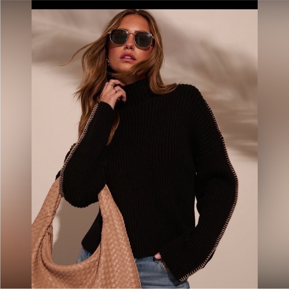 Vici Black Ribbed Turtleneck Sweater with Contrast Stitch